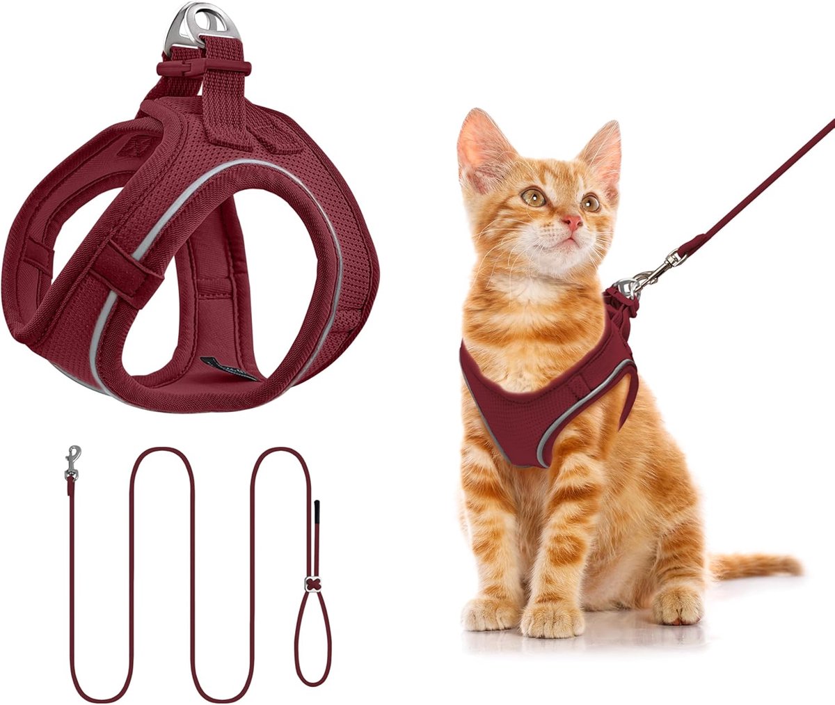 Kattenharnas en riem set voor Kitten (XXXS, bordeauxrood) | 255 cm riem, anti-ontsnapping, licht, ademend, zacht en comfortabel, reflecterende band, voor wandelingen en reizen