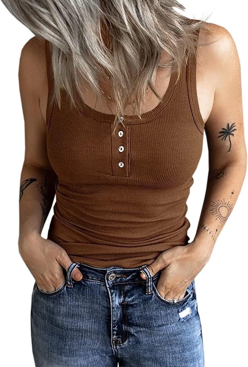 Damestop, slimfit, bovenstuk met knopen, geribbeld, mouwloos, tanktop, casual