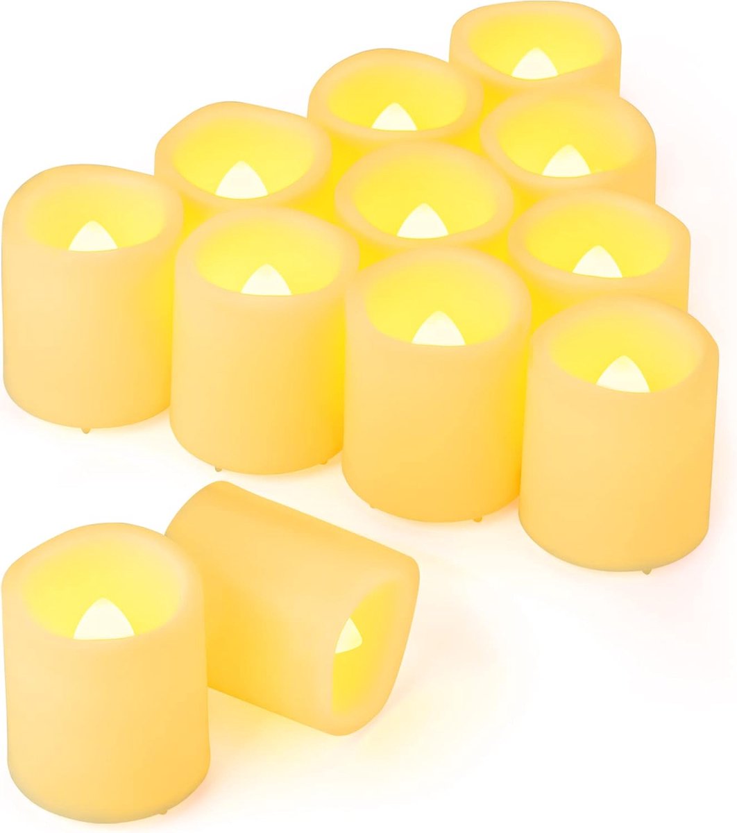 12 stuks 3,8 cm x 4,6 cm batterij-aangedreven LED-theelichtjes, vlamloze flikkerende elektrische votiefkaarsen, flikkerende vlam nep theelichtjes bulk voor Halloween bruiloft Kerstmis thuis