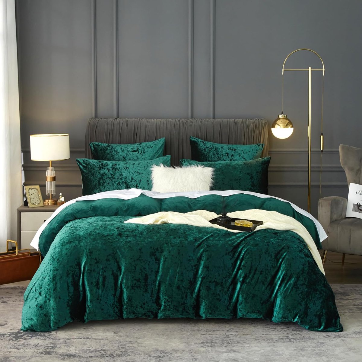 155 x 220 cm, fluweel, groen, donkergroen, pluizig, pluche, warm, fleece, dekbedovertrek, omkeerbaar beddengoed, tweepersoonsbed, dekbedovertrek met ritssluiting en 2