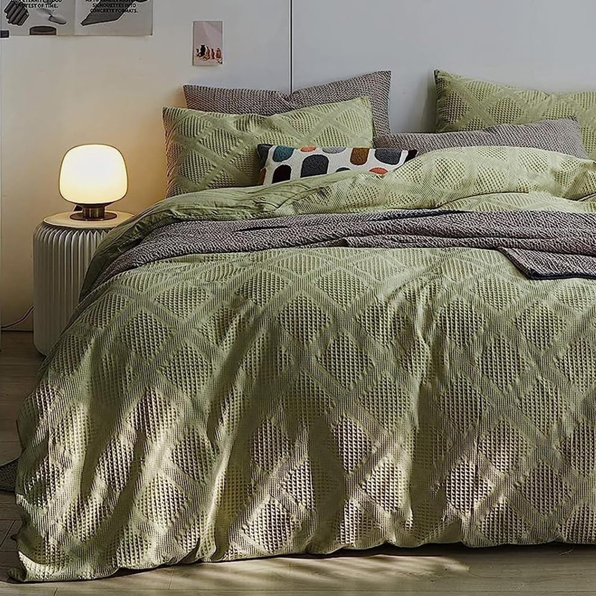 Beddengoed, 135 x 200 cm, groen, lichtgroen, wafellook, wafel, handbreien, borduurwerk, geometrisch patroon, omkeerbaar beddengoedset van microvezel, dekbedovertrek en 1 kussensloop 80 x 80