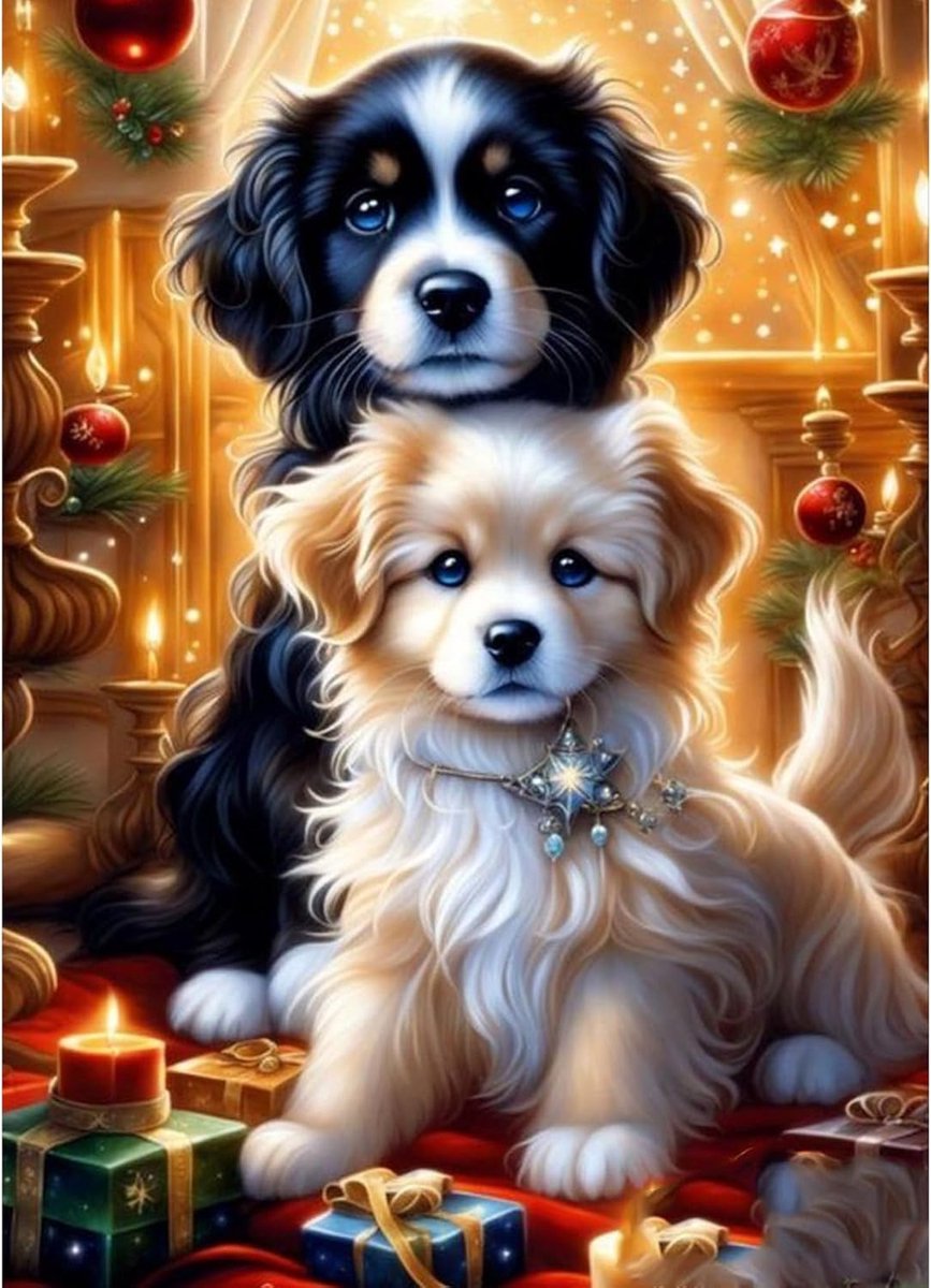 5D Diamond Painting Kerstmis Compleet, Hond Diamond Painting Set voor Volwassenen, Pup Diamond Art Schilderij DIY Diamant Kunst Handwerk voor Beginners Wanddecoratie 30x40 cm