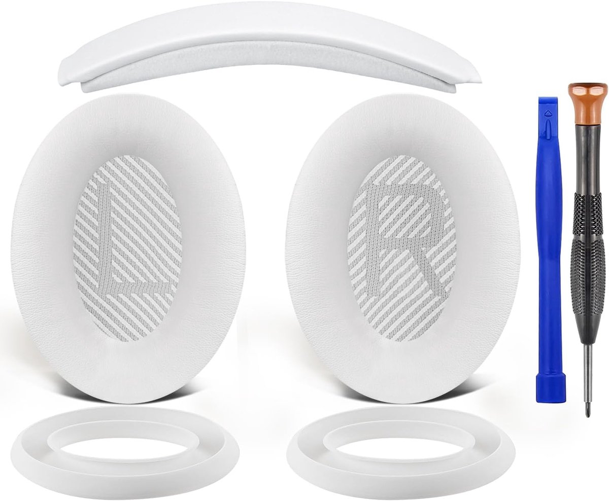 oorkussen + hoofdband + siliconen beschermhoes, vervangingsset voor Bose QuietComfort 35 QC35, QC35 ii over-ear hoofdtelefoon - Wit
