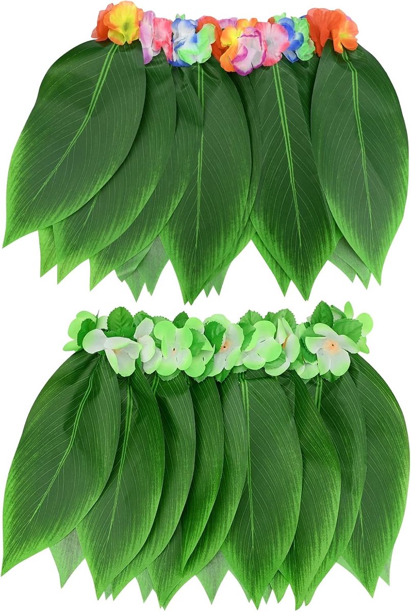 2 stuks Hawaïrok, Hawaï-kostuum, hola, rok, bladeren, bloemen, palmbladeren, hibiscus, bloemen, gras, rok voor volwassenen, elastische Hawaïrok voor kostuum, zomer, strand, Hawaiian, Luau, Tiki party