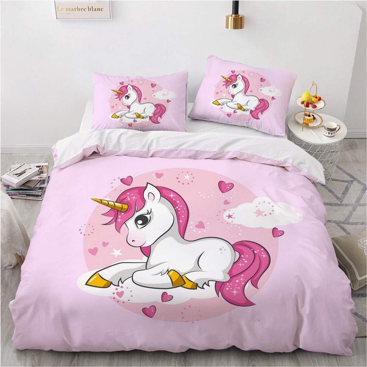 Beddengoed Eenhoorn 135 x 200 cm roze meisjes beddengoedset schattige cartoon regenboog eenhoorn motief dekbedovertrek met kussensloop (C, 135 x 200 cm)