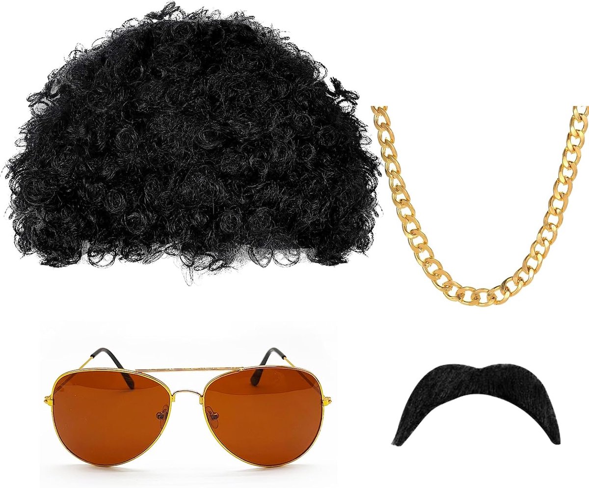 4-delige hippie-kostuumset, herenpruiken, jaren 70 en 80, hippie, verkleedaccessoires, funky afro-pruik, discoketting, zonnebril, cosplay-pruiken voor Halloween, disco themafeest.