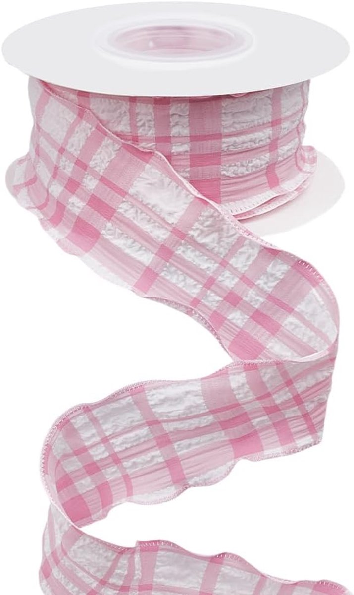 9,14 M 5/8 Inch Roze Plaid Lint Geruit Lint Bedraad Gingham Dubbele Chiffon Ruches Rand Polyester Linten met Spoel voor Geschenkverpakking Bruiloft Uitnodigingen Boeketten Diy Kerst Decor