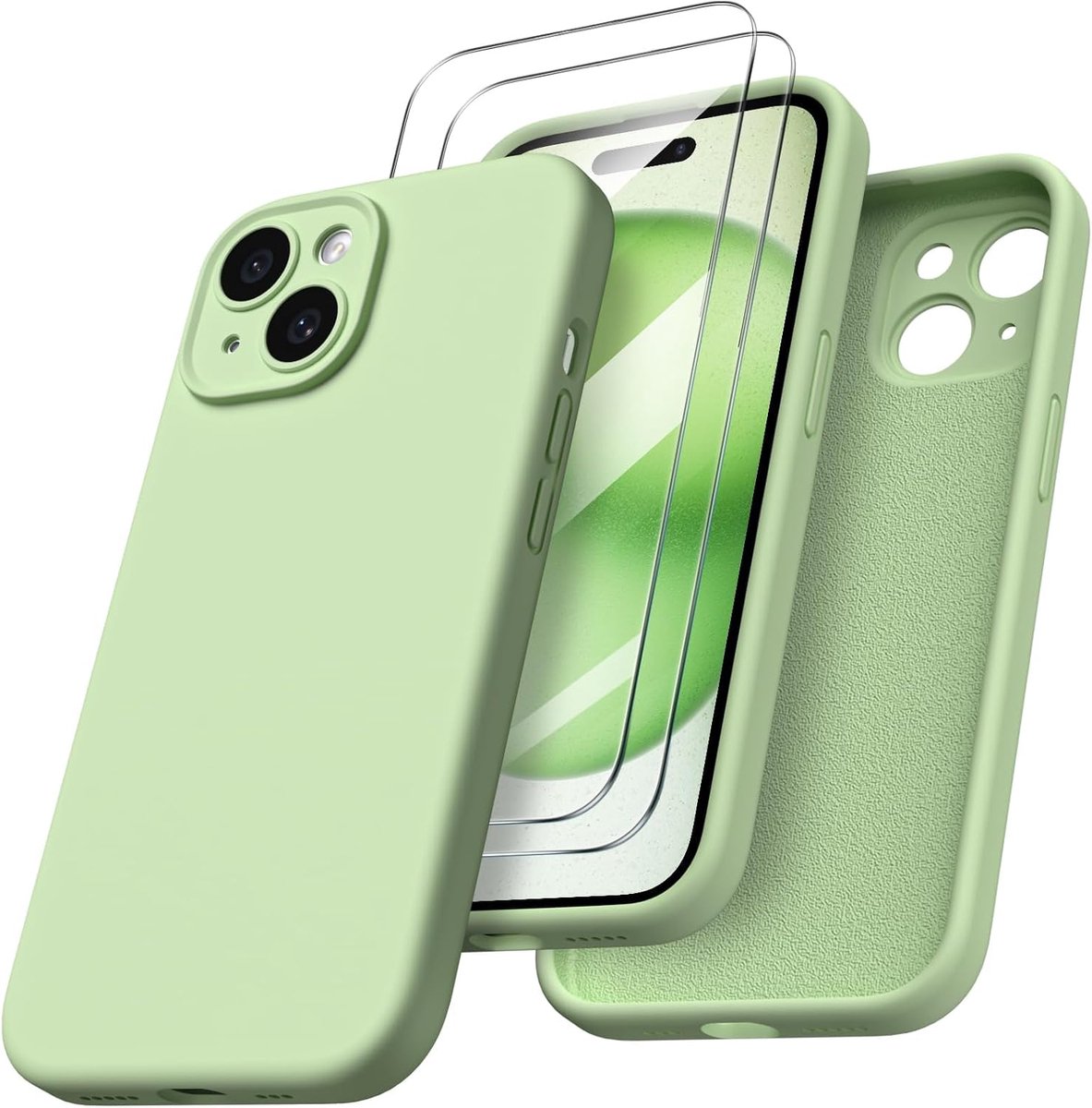 Hoesje compatibel met iPhone 15, 6,1 inch, met 2 schermbeschermers, vloeibare siliconen gel rubber cover [volledige behuizing] schokbestendige beschermende iPhone hoesje voor iPhone 15 - Pea