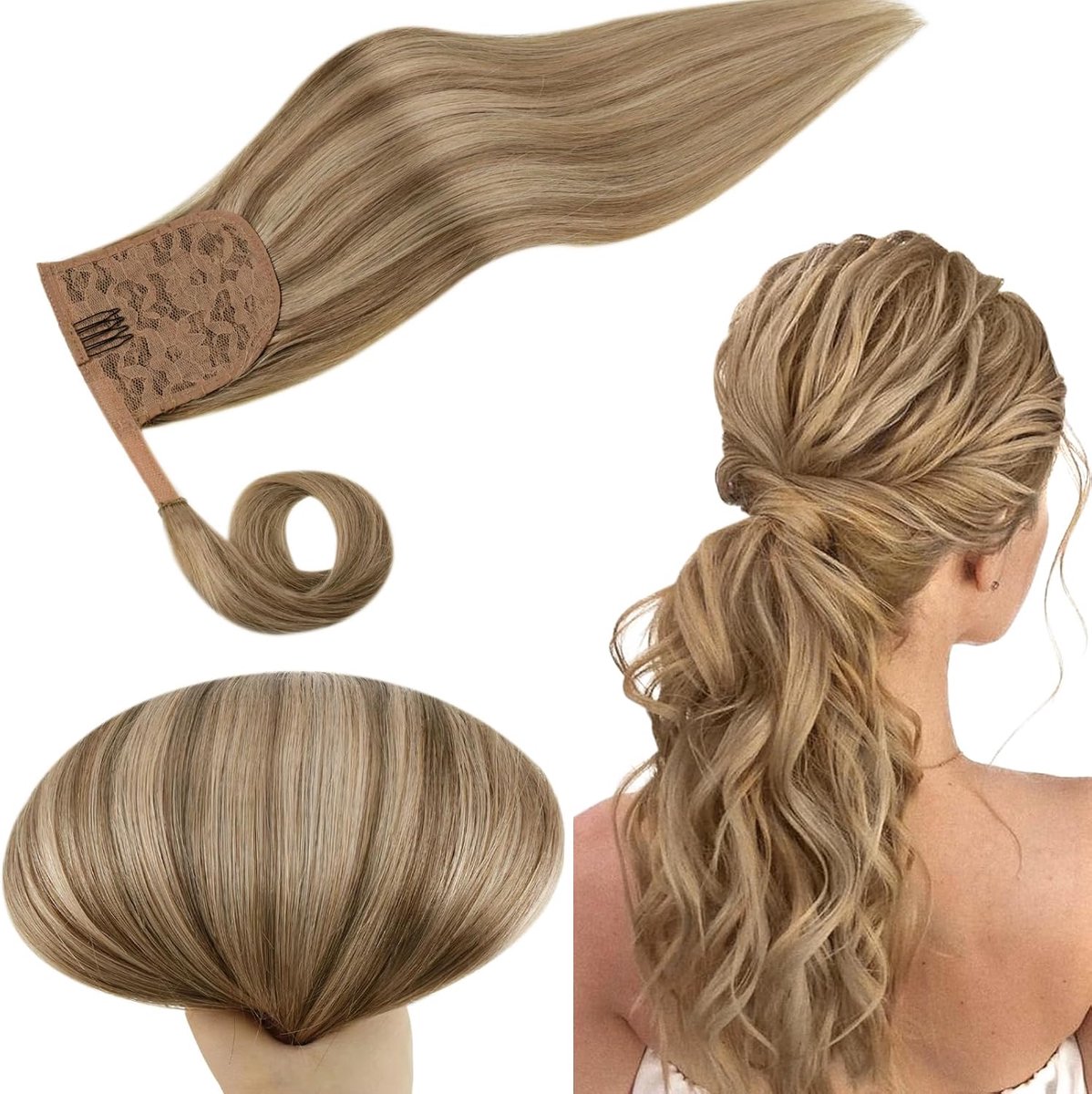 Paardenstaart Extensions Echt Haar Blond met Goud Blonde Menselijk Haar 70g 35cm #10P16
