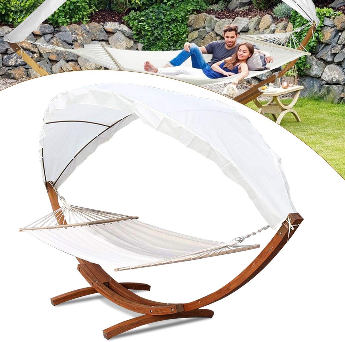 Hangmatten met frame, houten hangmat met dak, hangmatstandaard, hammock, tot 180 kg, voor 2 personen, outdoor