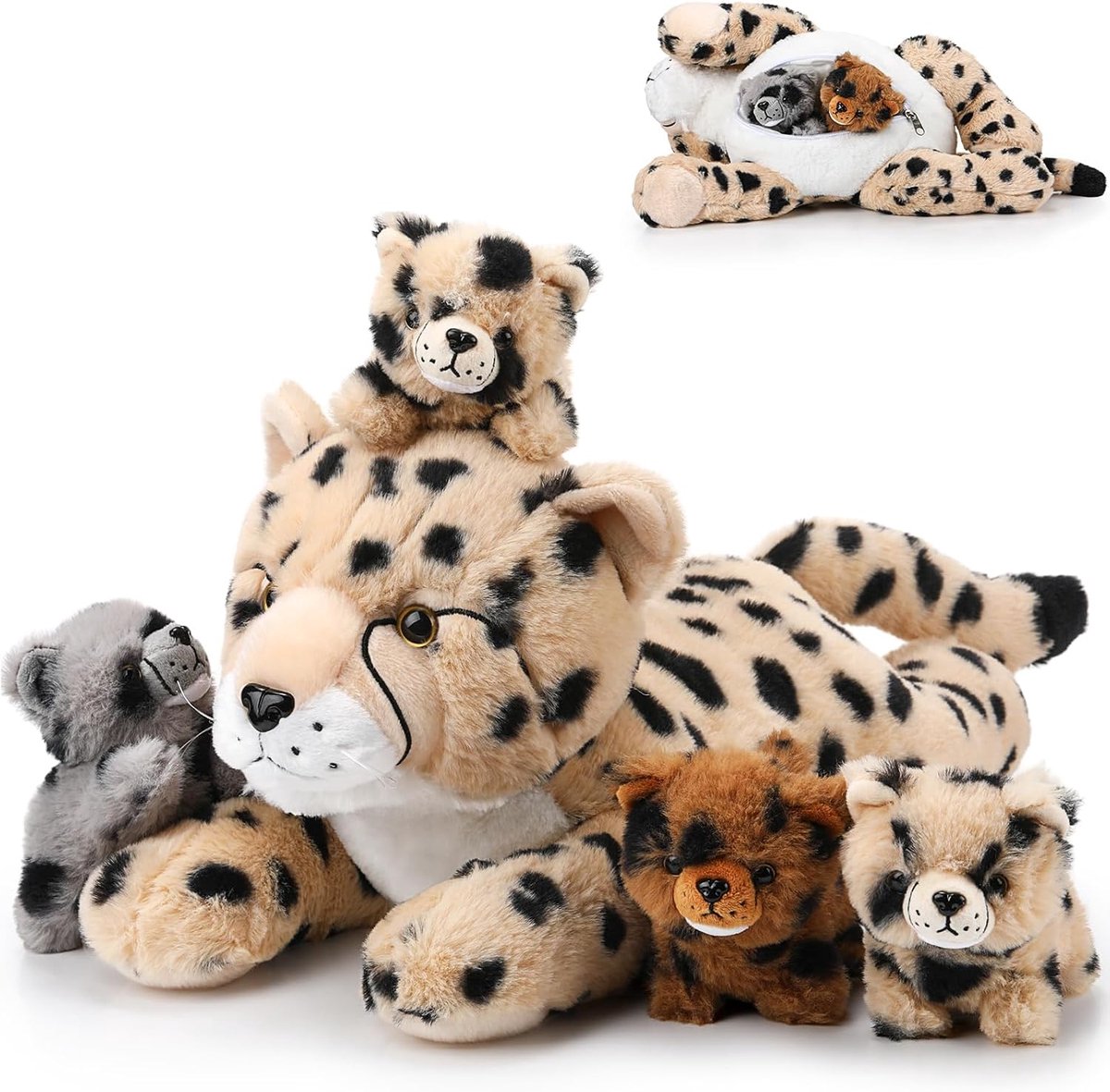 Set van 5 pluche dieren, cheeta, pluche moeder, cheeta's, groot, 4 delicate cheeta-puppy's in de buik, voor jongens en meisjes, verjaardag, afstudeercadeau, feestdecoratie (ligstijl)