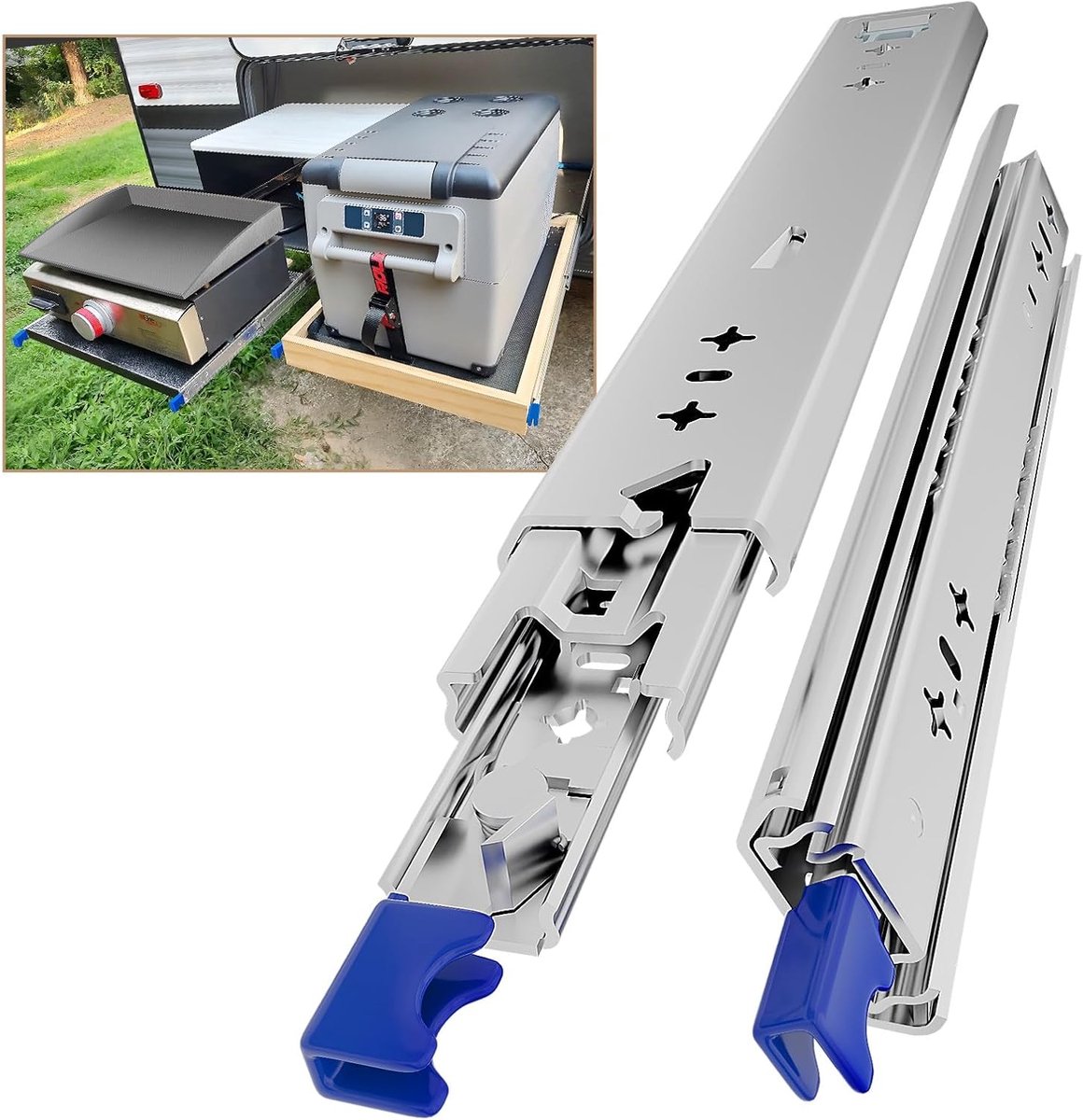 zwaar belastbare volledig uittrekbare ladegeleiders met sterke vergrendeling, max. 120 kg, 300, 350, 400, 450, 500, 550, 600, 650, 700, 750, 800, 850, 900, 950 of 1000 mm, zijmontage, 1 paar