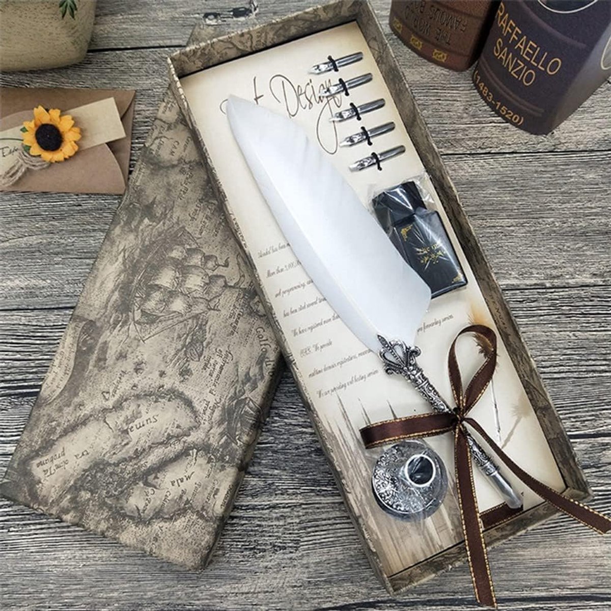 Pen Set, schrijfpen met veren, handgemaakte echte veer en roestvrijstalen penpunt, beste antieke uitvoerend, inclusief inkt, verbeterde schrijfpen (wit)