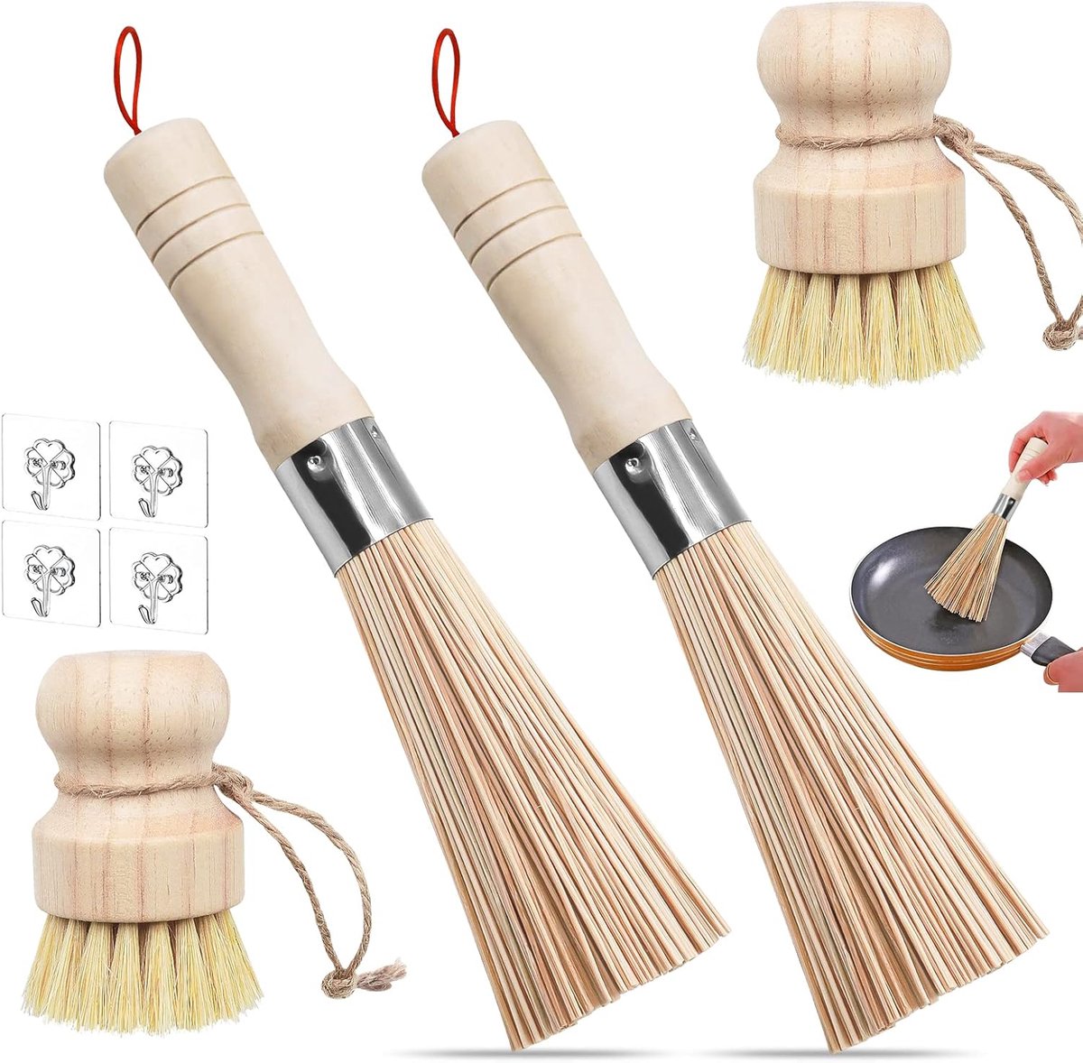 4 stuks wokborstels bamboe set, paddenstoelborstel, bamboe wok met koordborstel voor het reinigen van potten, pannen, borden en bestek met 4 haken (twee stijlen)