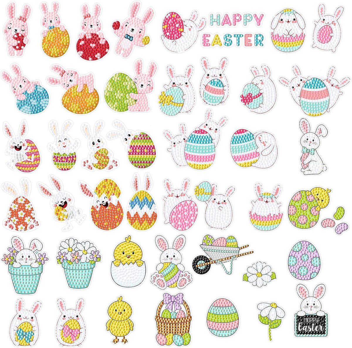 45 stuks diamantschilderstickers, 5D diamond painting-set, Pasen, voor kinderen, volwassenen, beginners, konijn, haas, ei, doe-het-zelf, Pasen, diamond painting, stickerset, diamond painting,