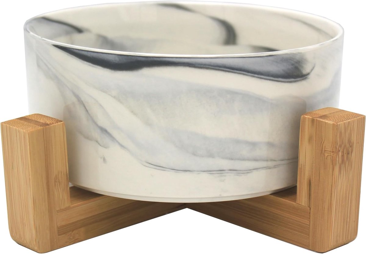 pet wiz Keramische kom met bamboestandaard voor honden en katten, verhoogde kom voor een comfortabele positie tijdens het eten en drinken, verkrijgbaar in 5 kleuropties, 850 ml capaciteit (marmergrijs