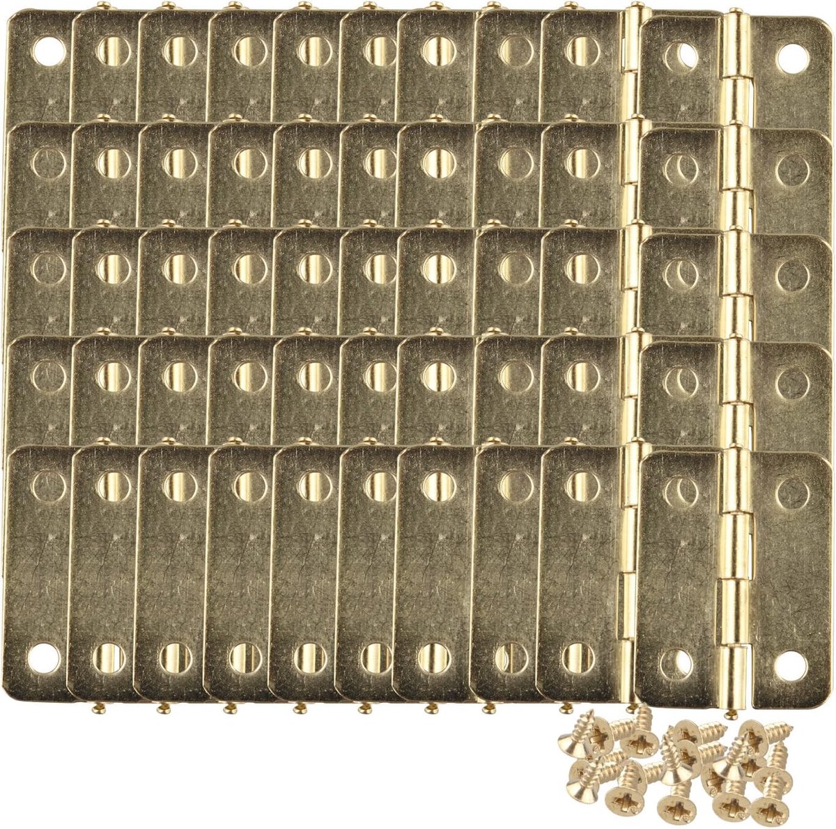 50 stuks mini-scharnier-aansluitingen voor sieraden, kast, lade, gecoat met messing, 23 x 19 mm, met 200 stuks reserveschroeven