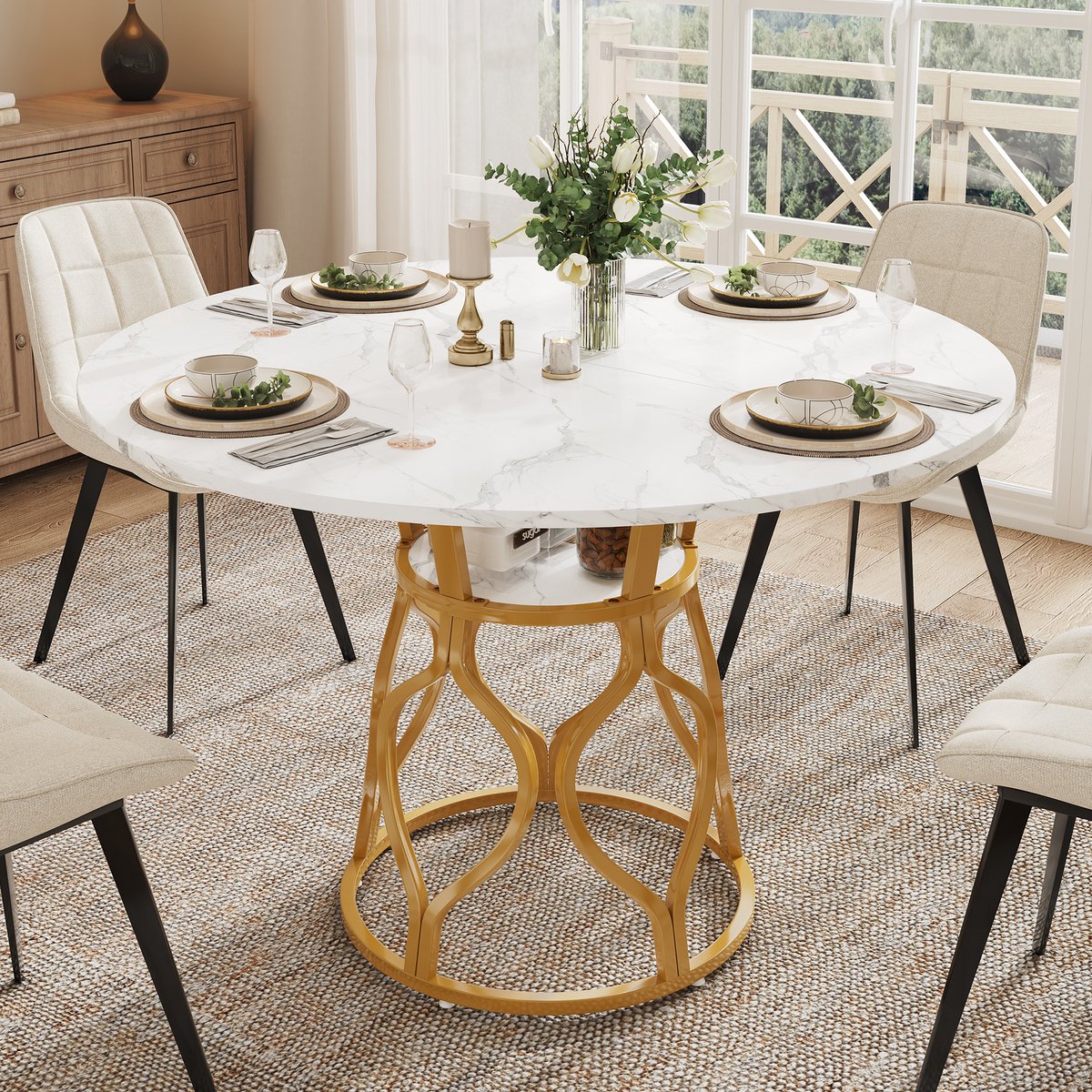 Pugsdrly Ronde eettafel 100 x 100 x 75 cm, keukentafel voor 4-6 personen met geïntegreerd opbergvlak, MDF-tafelblad in marmerlook, modern metalen onderstel, ruimtebesparende eettafel.