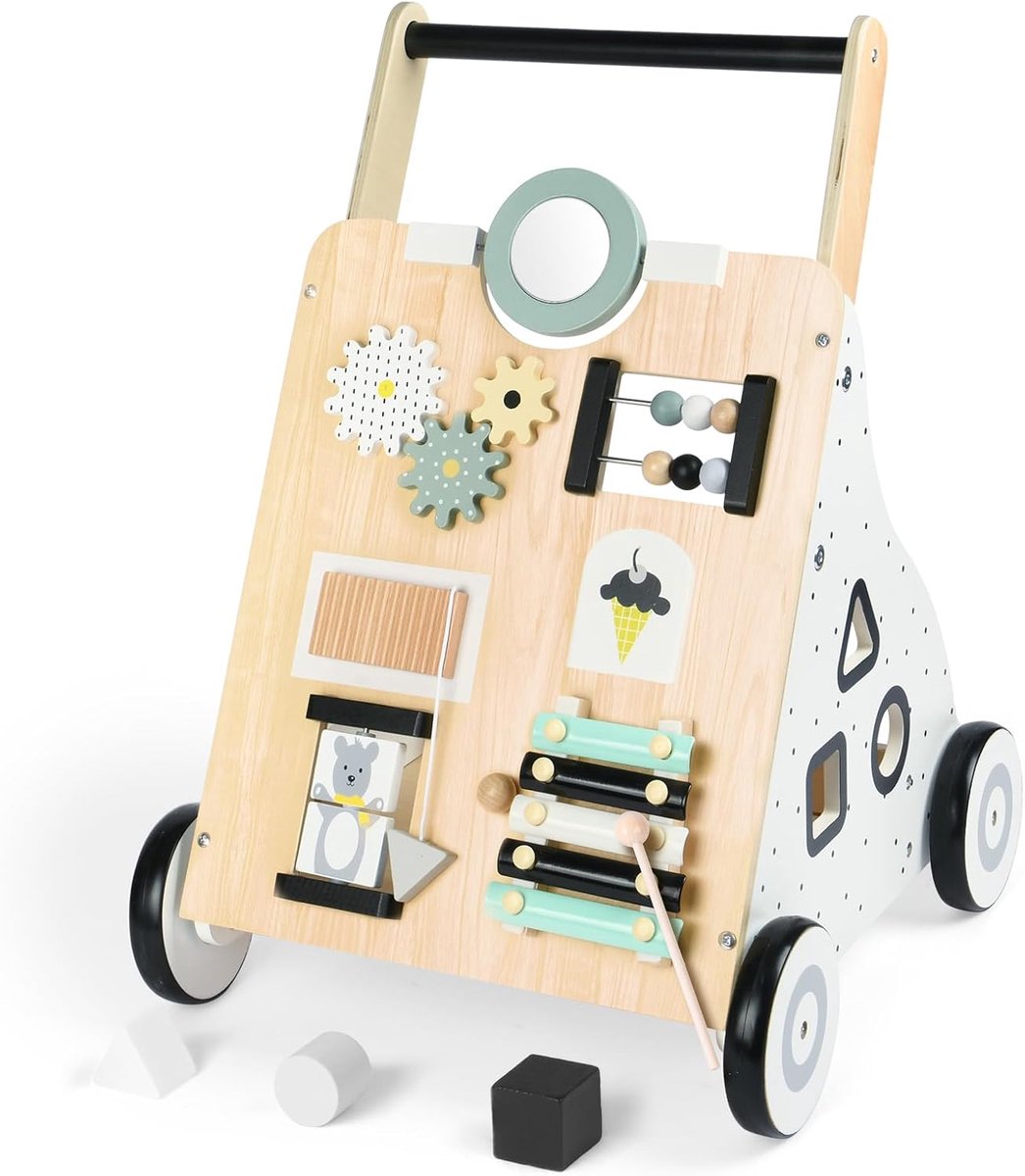loopstoeltje houten, 2-in-1 activiteit loopstoeltje, Montessori speelgoed multifunctioneel, houten speelgoed baby, gereedschapsbank voor kinderen gemaakt van hout, 12+ maanden