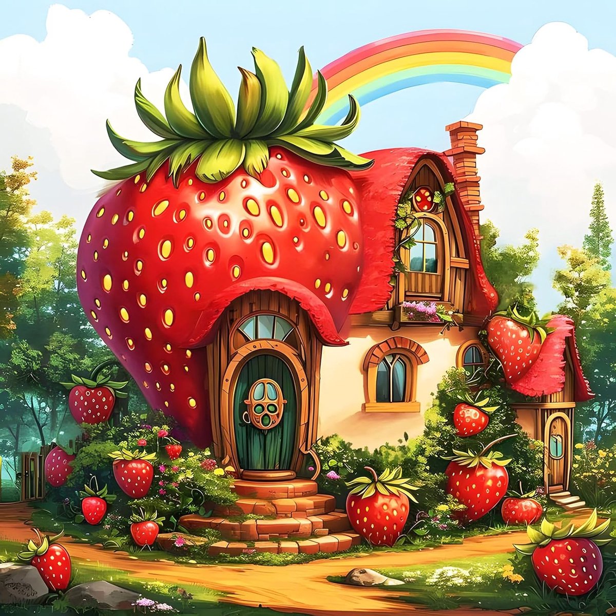 Diamond Painting aardbeienhuis voor volwassenen, afbeeldingen van volwassenen, regenboog, doe-het-zelf diamond painting, fantasieset voor wanddecoratie, 30 x 30 cm