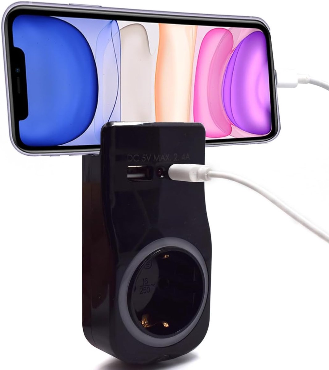 stekker voor stopcontact met USB, meervoudige stekkerdoos met 1 Schuko 16 A en 2 USB-stekkers, stekkeradapter voor laptop/smartphone, multiplug voor thuis en op kantoor, led-display, dag- en