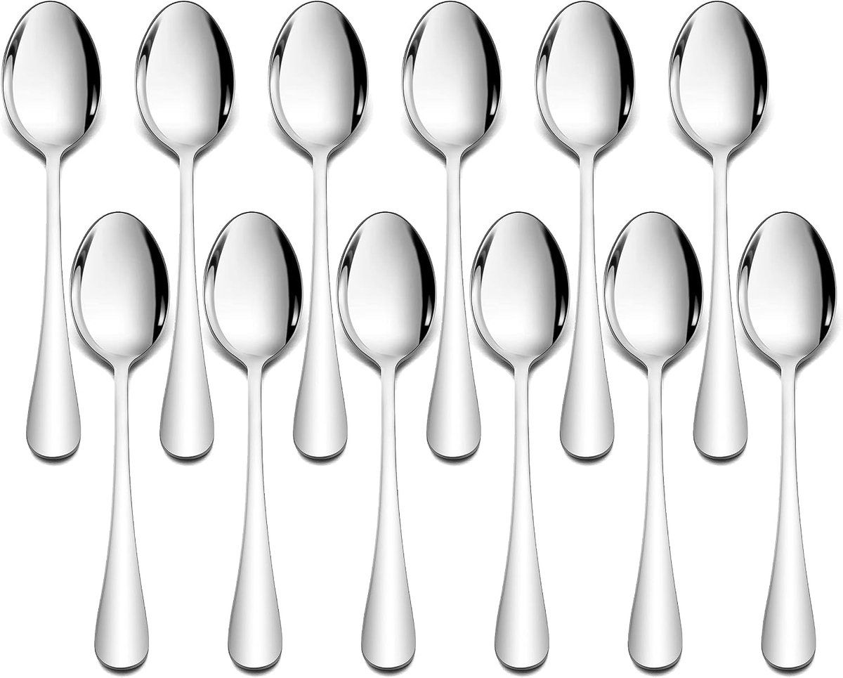 12 stuks 20 cm roestvrijstalen eetlepelset - gebogen handvat | Soeplepel, lepelset, tafellepel voor thuis, restaurant, hotel, spiegelafwerking en vaatwasmachinebestendig, metaal zilver