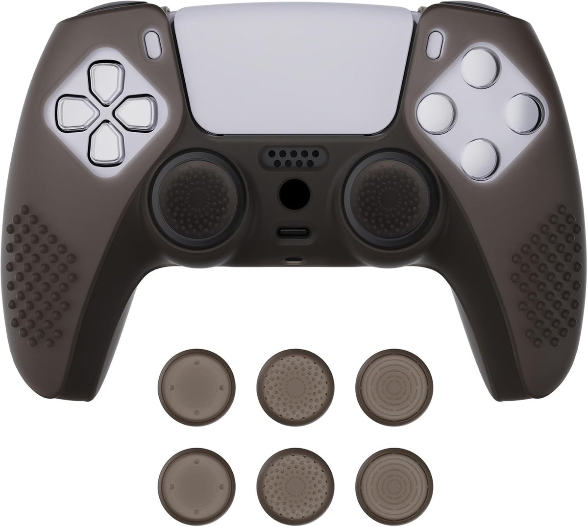 eXtremeRate PlayVital Beschermhoes voor ps5 Controller, Zachte Rubber Siliconen Cover met Anti-slip Grip en 6 Thumbstick Caps - 3D Studded Editie (Transparant Zwart)