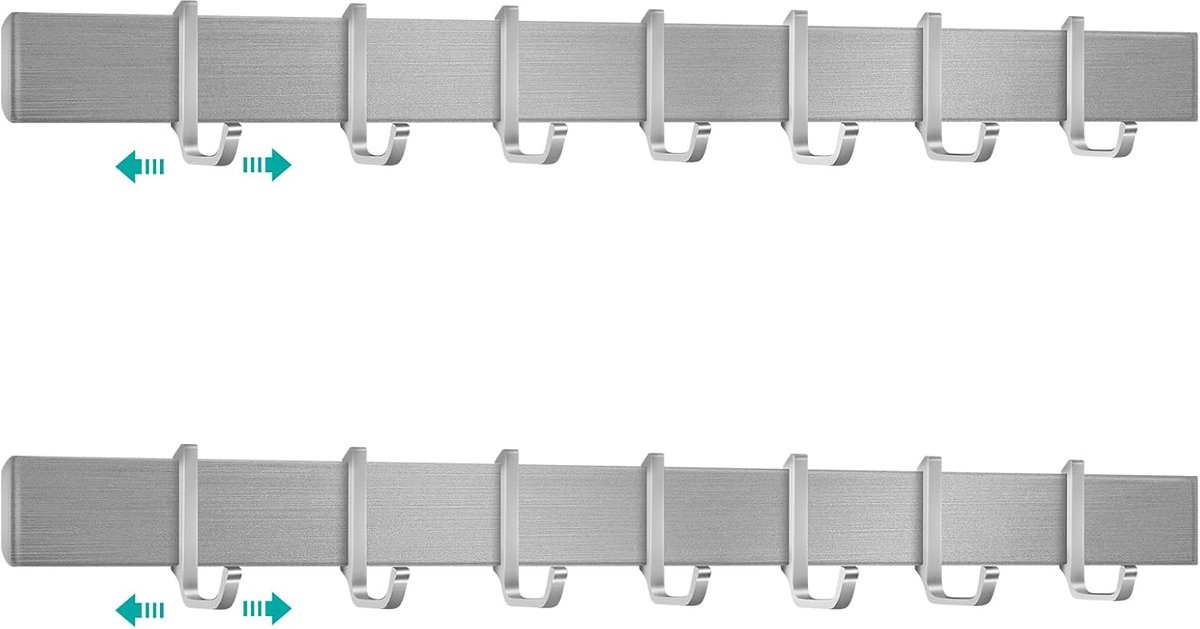 keuken 40 cm, keukenhouder zonder boren met 7 afneembare haken, aluminium keukenhakenlijst, oppervlak, zilver (2 stuks)