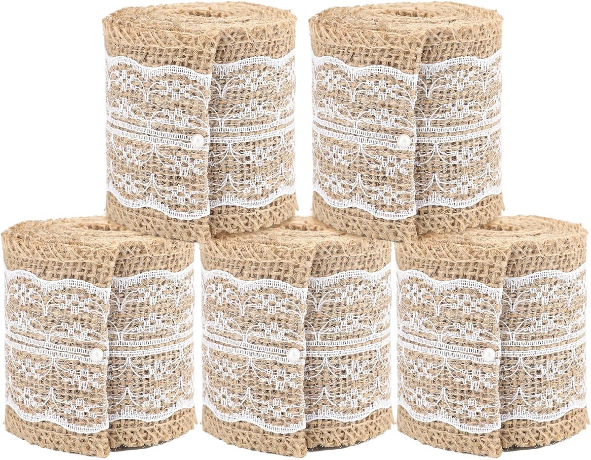 Jute lint met kant, 10 m, 6 cm, vintage, knutselen, jute, kant, decoratief lint voor bruiloft, cadeau, kerstdecoratie