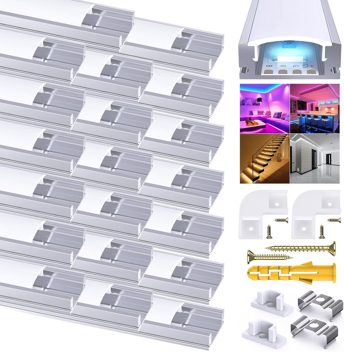 LED aluminium profiel 1m, 20 stuks U-vormige LED-kanalen voor LED-strips/band tot 12 mm incl. LED-profielen met melkwitte afdekking, LED-diffusers met eindkappen, montageclips en