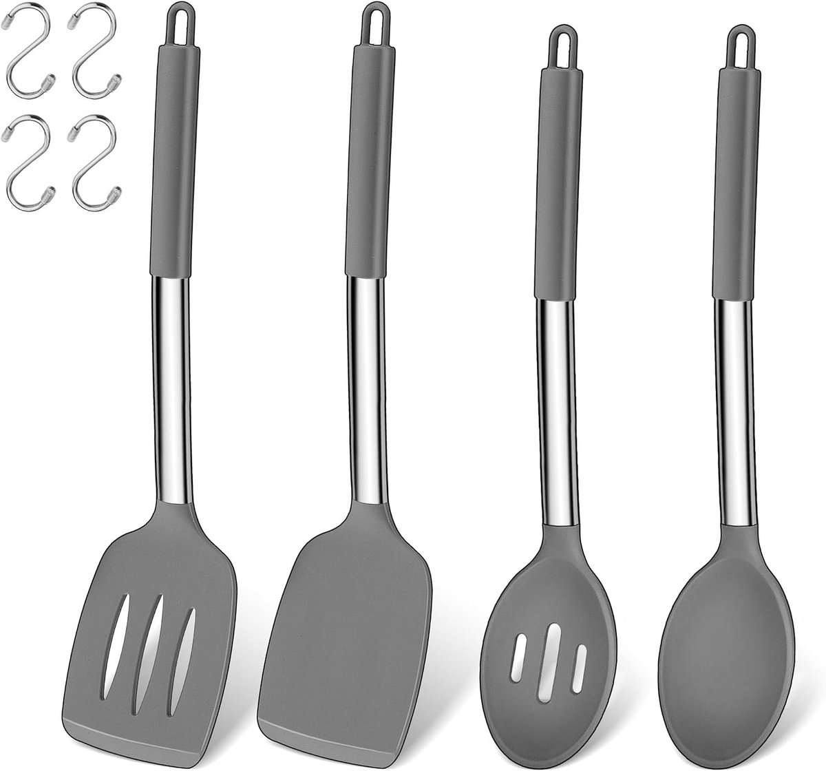 Joyfair set van 4 stuks siliconen pannenwender en kooklepel, hittebestendige keukengerei met roestvrijstalen handgreep, kookgerei voor koken/bakken/omdraaien, vaatwasserbestendig