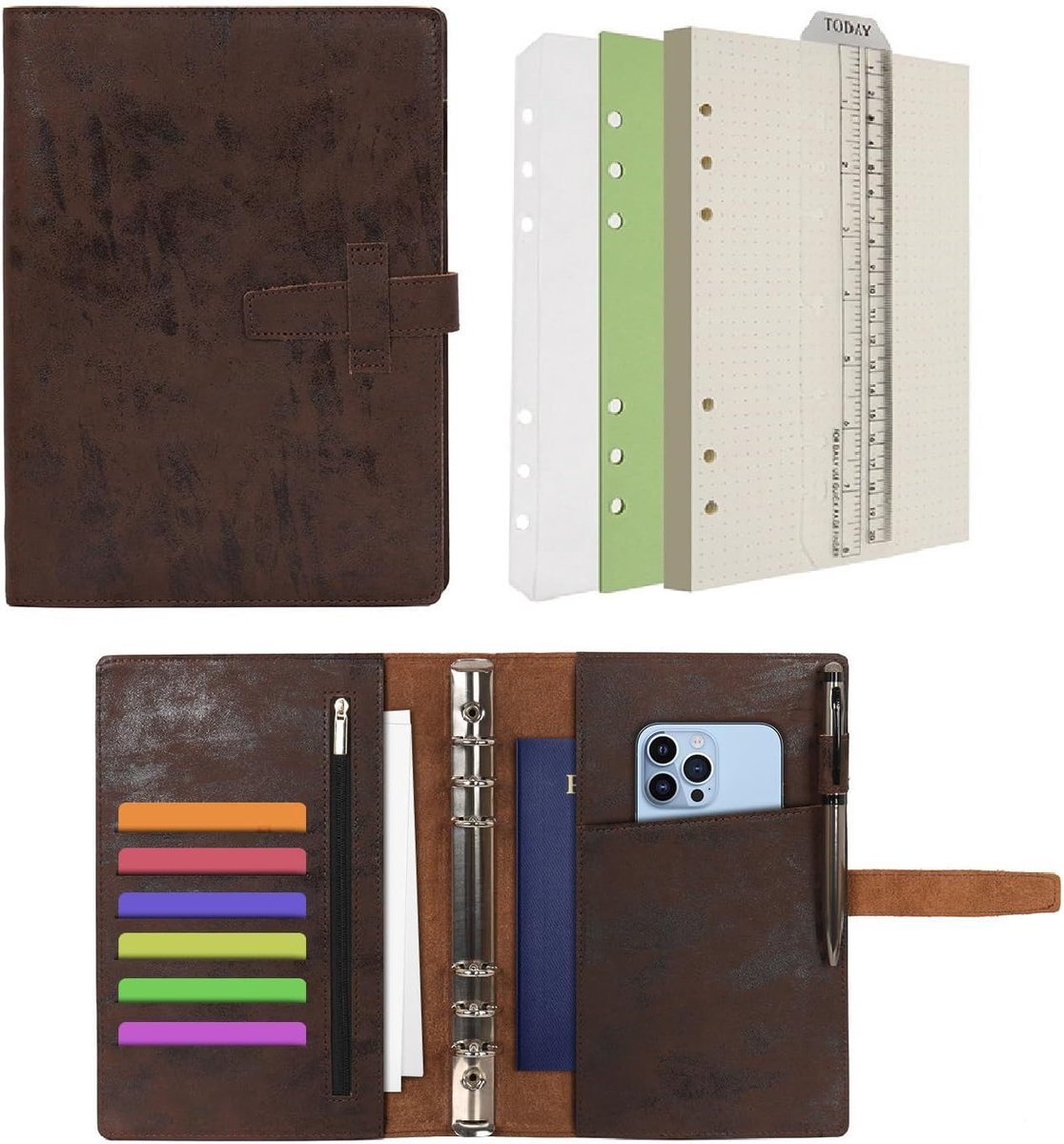 Lederen zuivel 6 ringband notitieboek map organizer met gestippeld papier navulbaar schrijven notitieboek en meerdere zakken hoes voor zaken studie reizen met Pen (Koffie,A5)