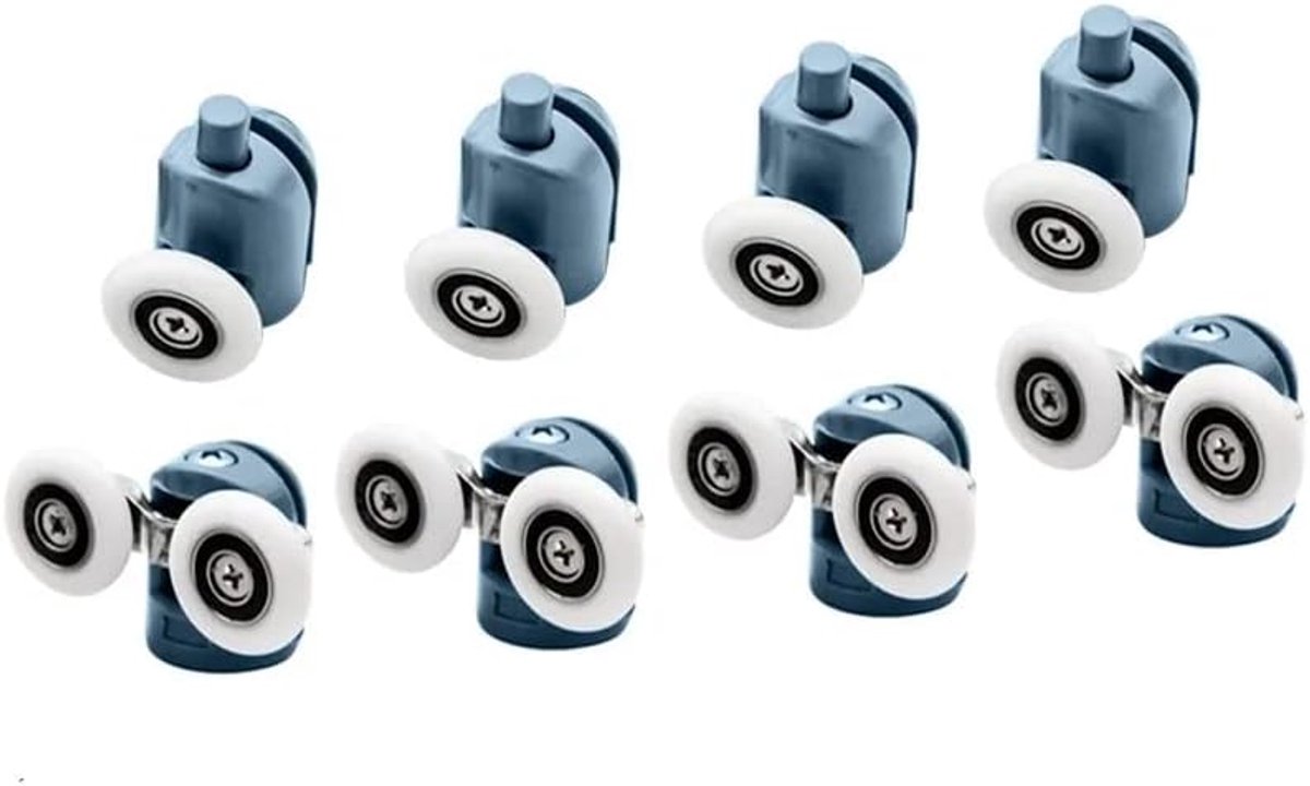 Set van 8 douchedeurrails, 23 mm diameter, voor thuis, badkamer, doe-het-zelf (4 dubbele bovenste wielen en 4 afzonderlijke onderste rollen)