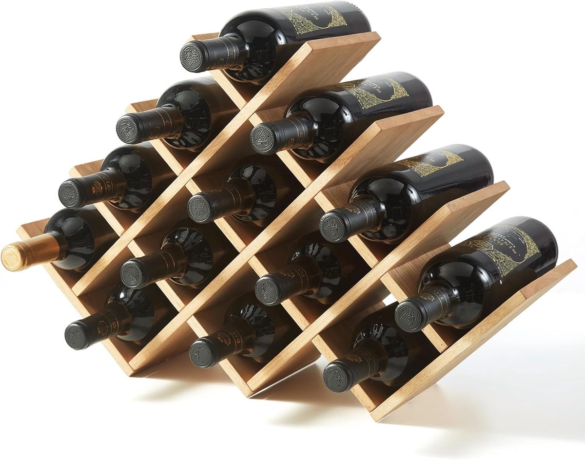 Houten wijnrek met 13 flessen - wijnrek van natuurlijk hout met 4 niveaus, staand en werkblad, wijnrek - flessenhouder/kast glazen plank natuurlijk