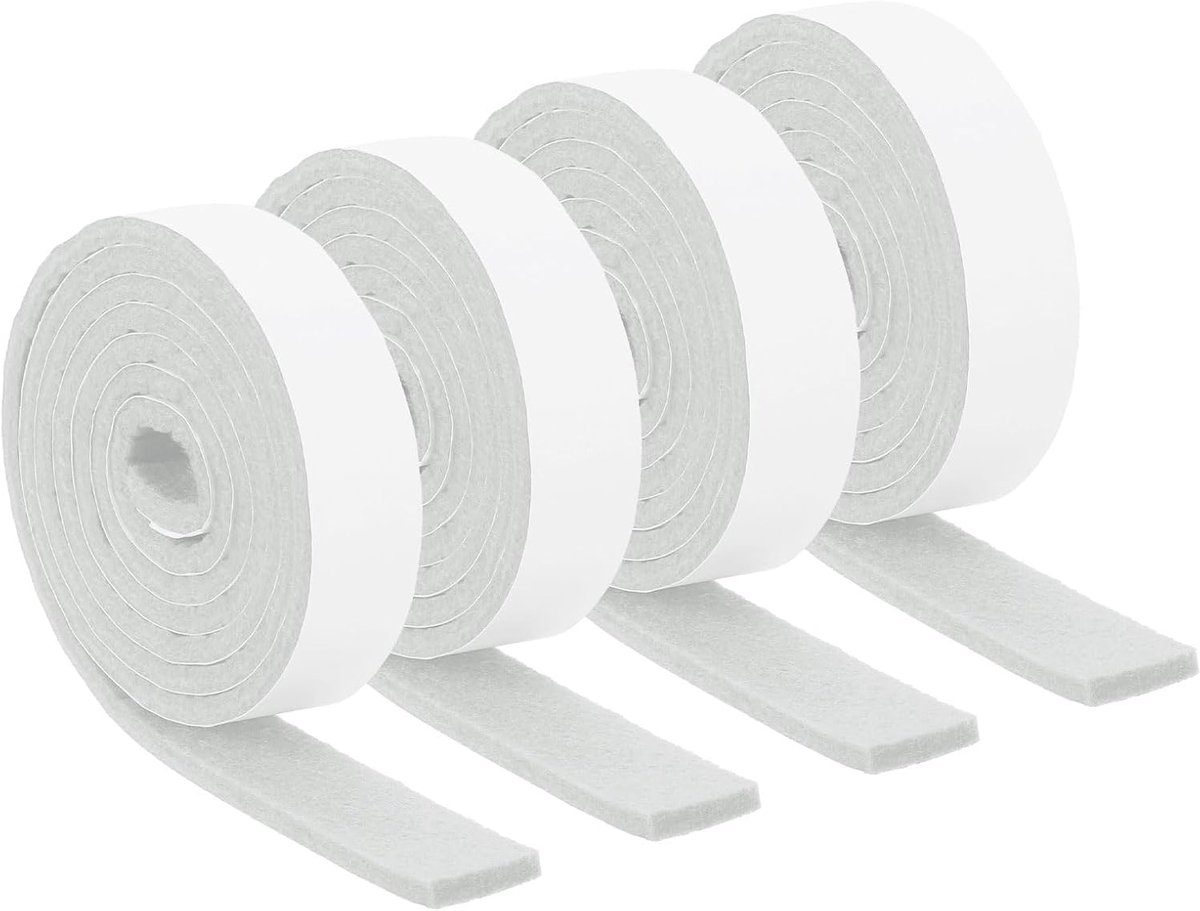 Viltstrips met zelfklevende achterkant, 4 rollen, 2,5 x 152,4 x 0,5 cm, krasbestendige vilten banden voor meubels, zelfklevende pads ter bescherming van houten vloeren, wit