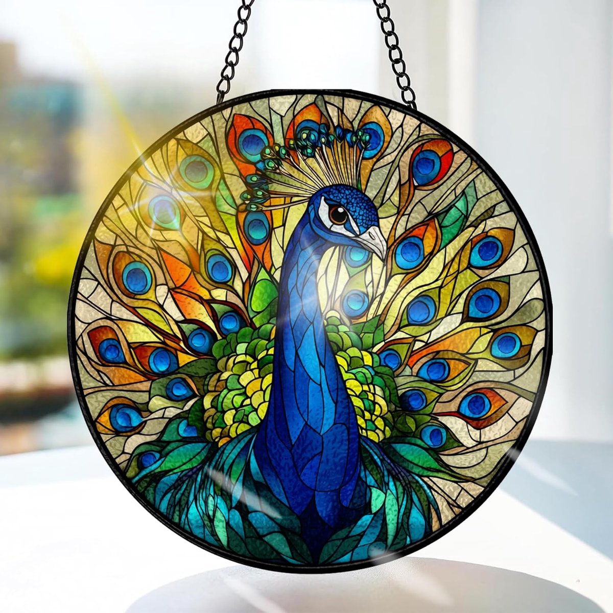 Pauw Gekleurd Glas Hangend - Dieren Hangende Raamdecoratie - voor Tuin, Raam en Deur, Kerst, Handgemaakte Suncatcher Decoratie 20x20 cm