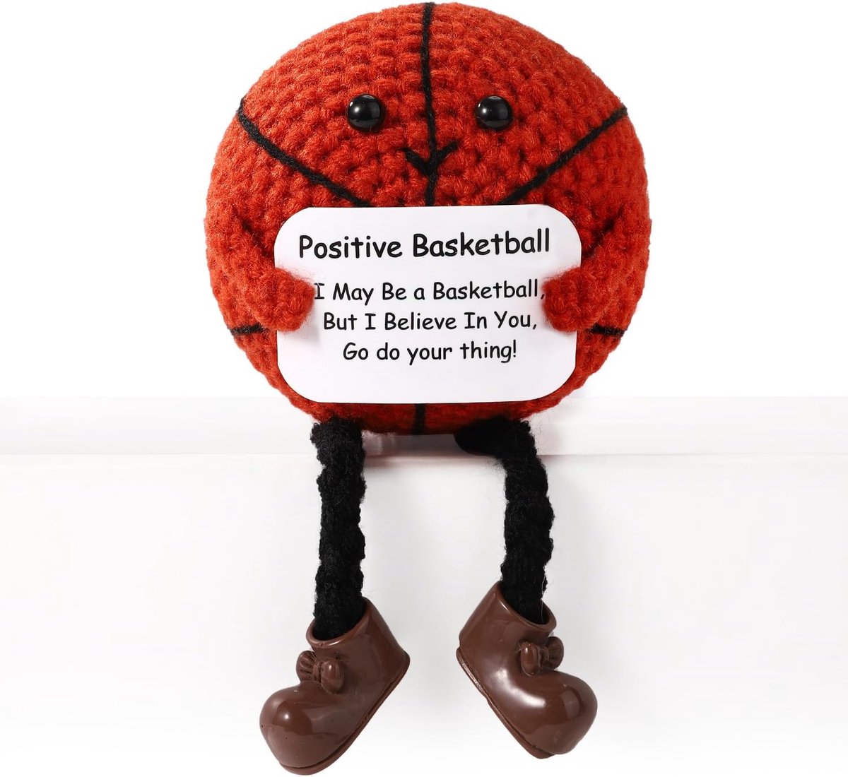 Basketbal, 12cm Lange Poot Gehaakte Basketbal met Aanmoedigingskaart Gebreid Emotionele Basketbalondersteuningspop Positief Haken Basketbalcadeaus voor Vrienden Huisdecoratie