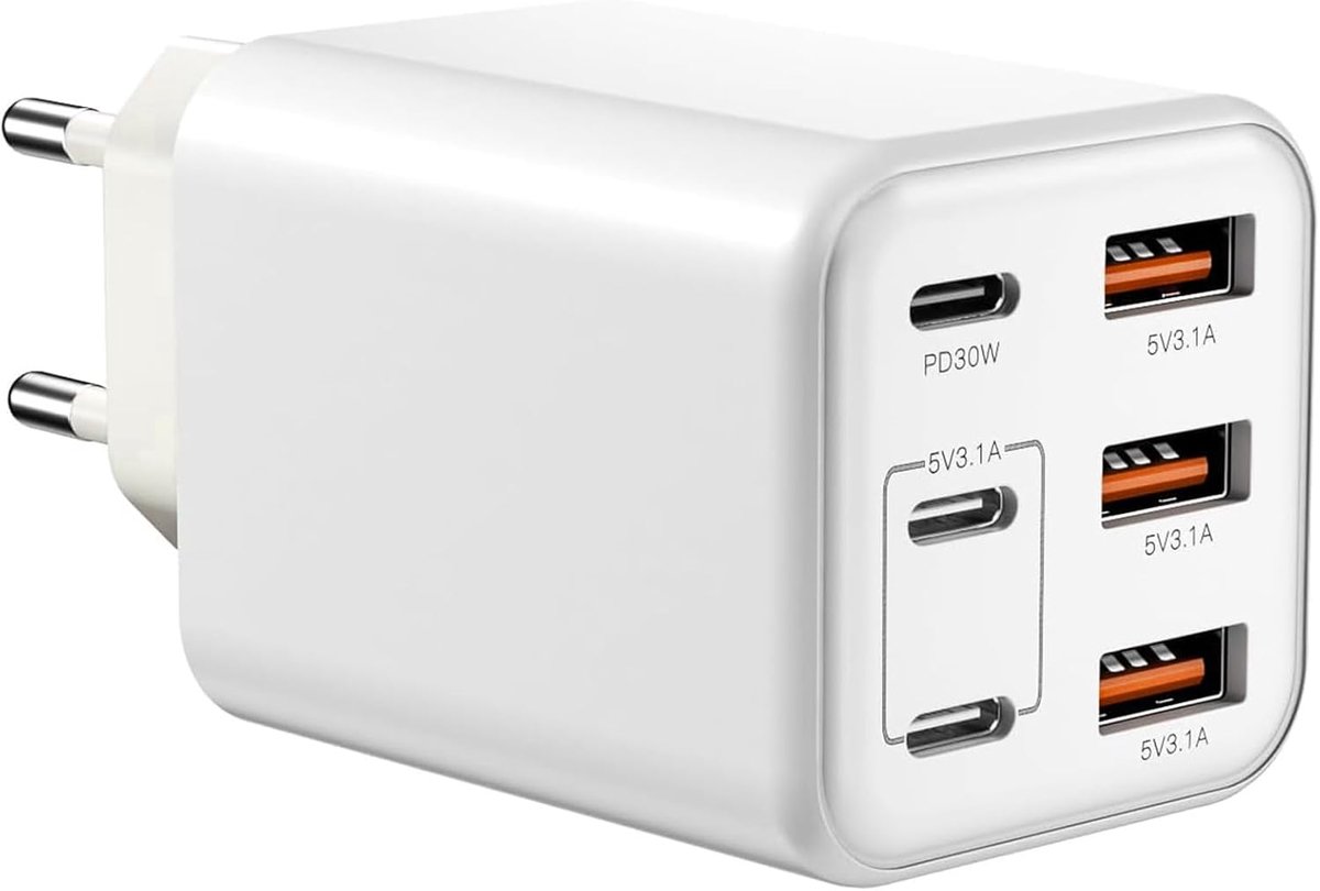60W USB C oplader, 6-poorts oplaadadapter [3 USB-C + 3 USB-A], meervoudige oplaadaansluiting met PD+QC, Fast Power Adapter-oplaadstekker, USB-wandoplader voor iPhone 16/15/14/13/Samsung/iPad/Tablets