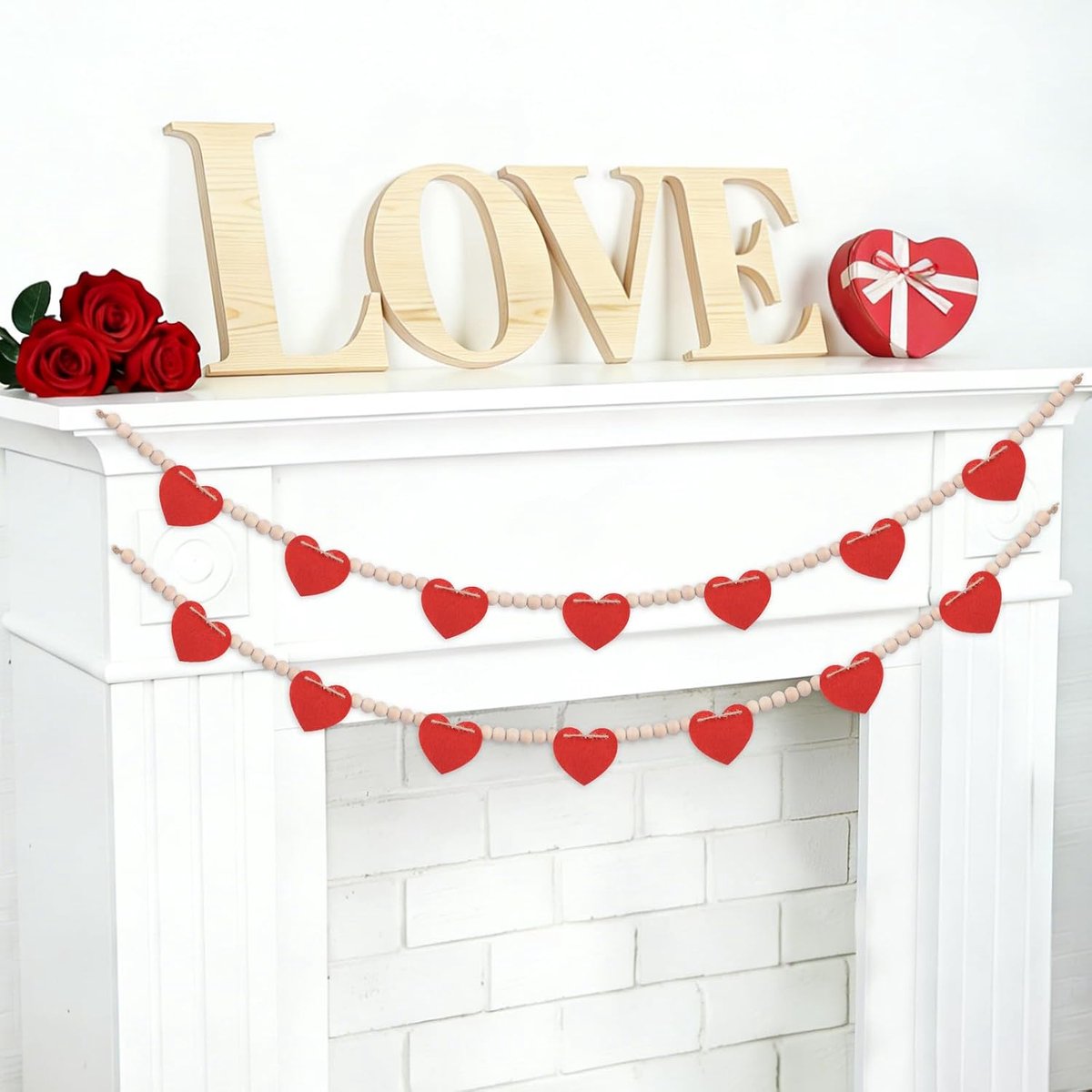 vilten harten houten kraal banner, 2 Pack rood vilt hart slinger pre-geregen vilt hart gors Valentijnsdag hart decoraties