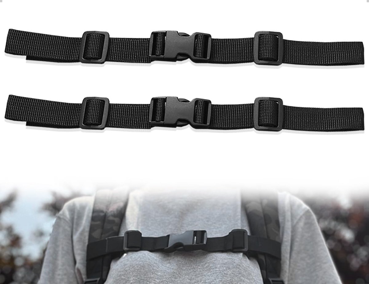 Rugzak met borstband, 2 stuks, verstelbare antislip nylon armband, duurzaam, met snelsluiting, geschikt voor outdoor-activiteiten, wandelen, schoolrugzak (zwart)