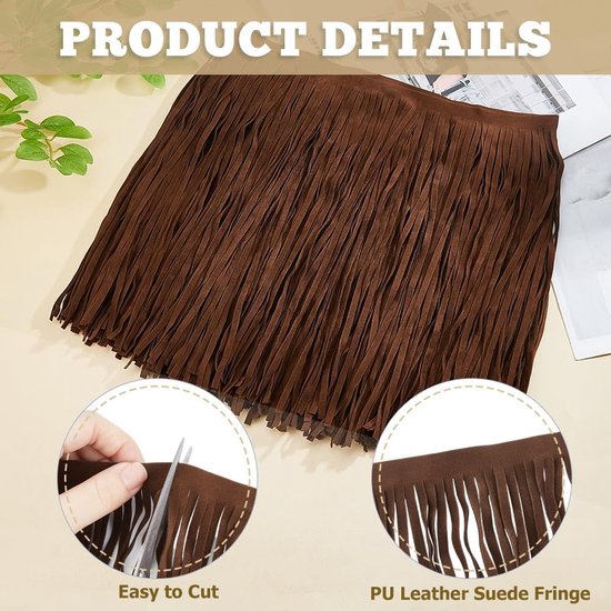2,18 Yards Suede Fringe Trim Kokos Bruin Dubbelzijdig Lederen Westerse Fringe Trim Cowboy 31 cm Breed Naaien Kwastje Trim voor Ambachten DIY Naaien Jurk Ambachten Rok Decoratie — afbeelding 3