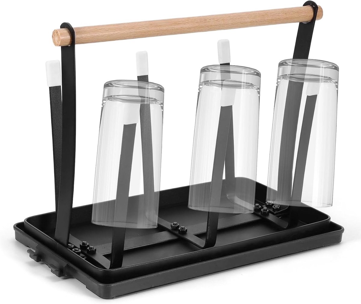 Flessenhouder voor SodaStream, 6-delig afdruiprek flessen met houten handvat en afdruipbak, flessenafdruiprek, zwart afdruiprek voor flessen/kopjes/koffiebekers