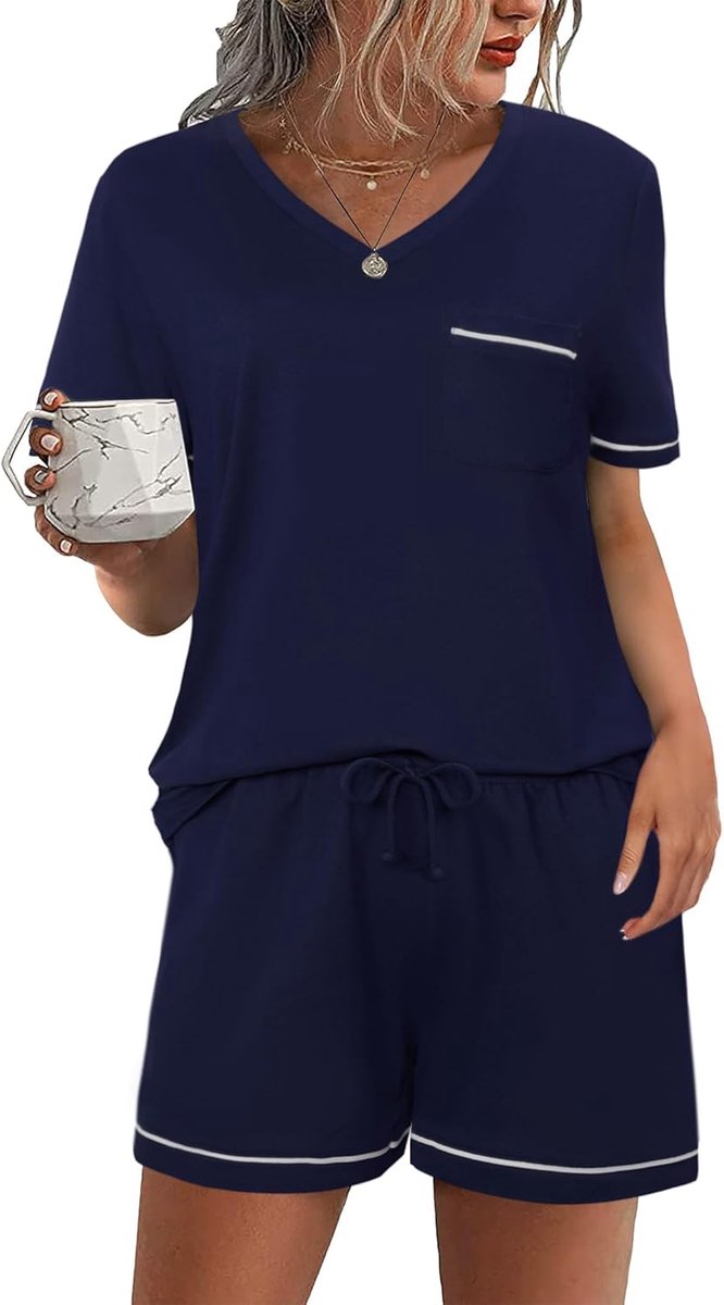 Korte damespyjama van katoen, zomerpyjama, damespyjama met kant en broek met zakken en trekkoord, zacht en comfortabel
