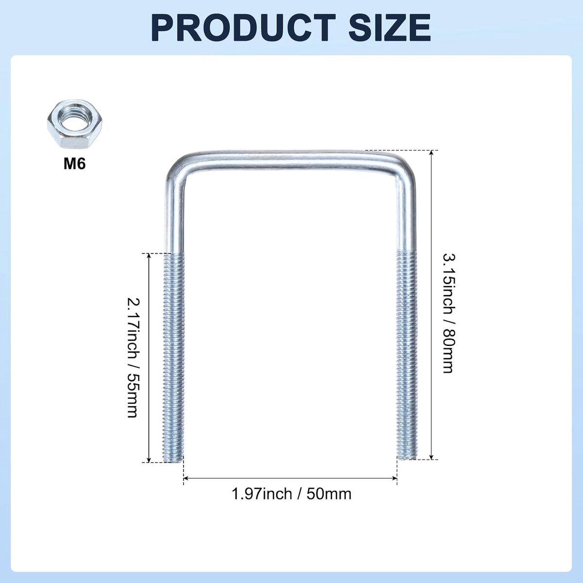 U-boutenset (M6 x 50 x 80 mm, zilver), 4 stuks, vierkante U-bouten van koolstofstaal, met frameplaten en moeren en sluitringen en sleutels, toepasbaar op ski/board