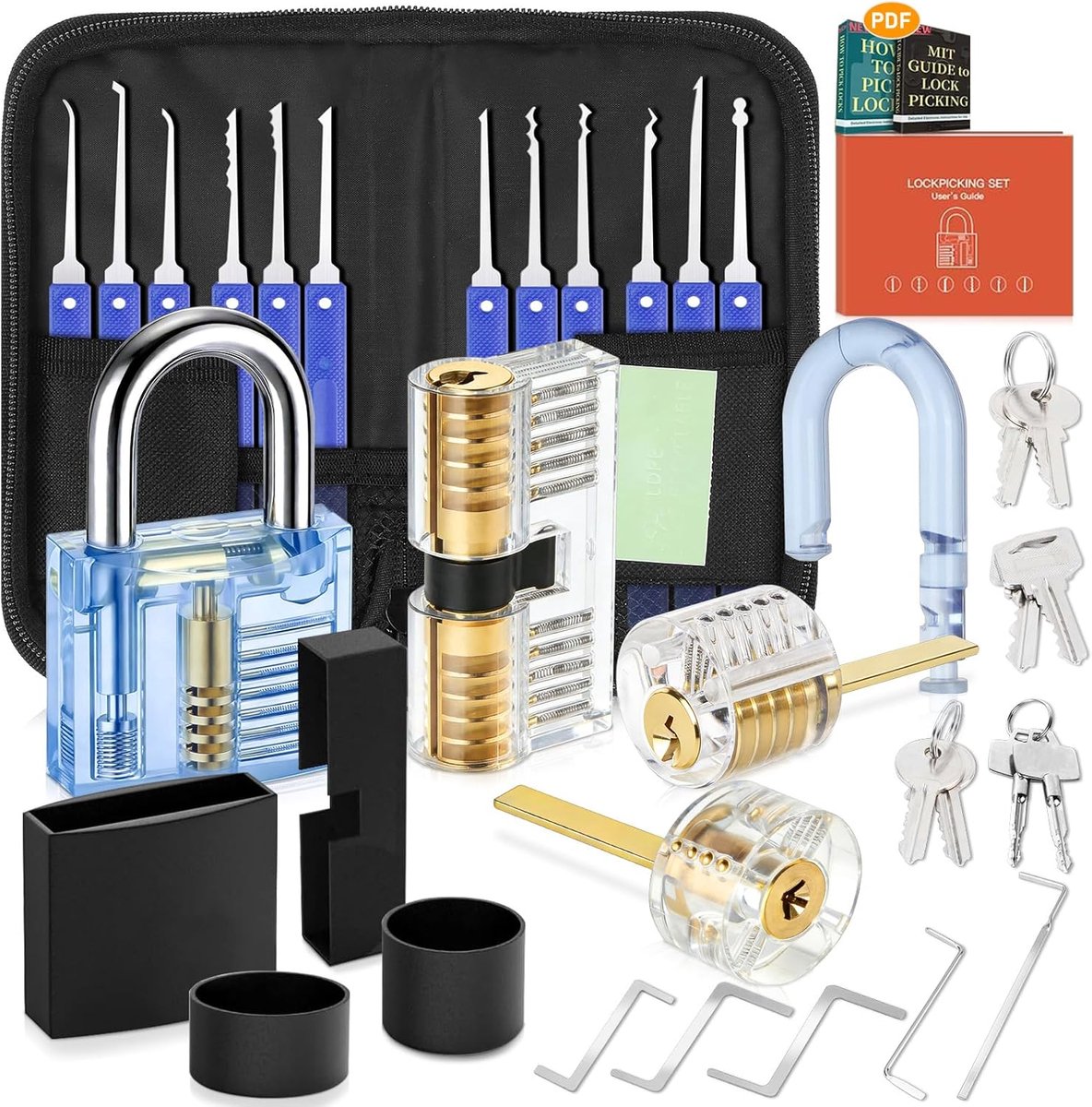 Lockpicking-set, 38-delige lockpicking-set [2025 nieuwe versie], lockpicking-gereedschapsset, 4 transparante oefensloten en 4 zwarte slotafdekkingen