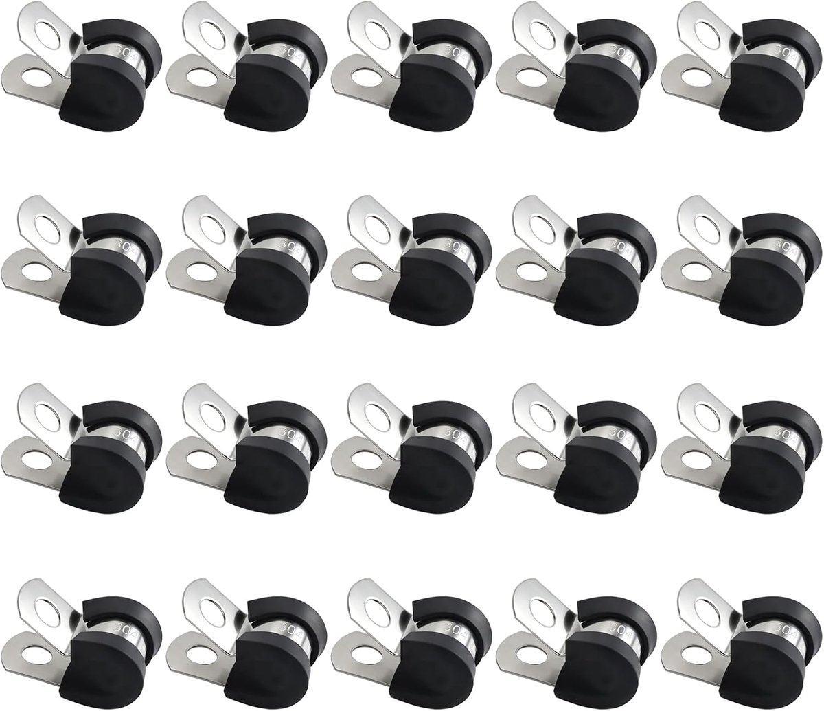 20 stuks slangklemmen, roestvrij staal, met rubber gevoerde slangklemmen, P-klem | 8 mm P-klemmen, R-vorm kabelklemmen, roestvrij stalen slangklemmen, isolatieklem voor kabel, kabel, draad, slang