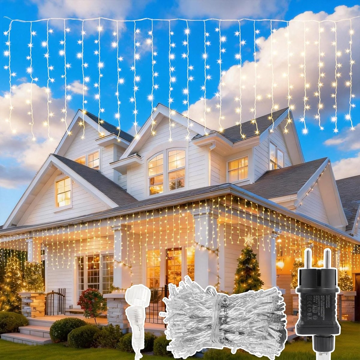 4 x 1 m, 200 leds, lichtketting, transparante kabel, warmwit licht, 8 modi en timer, geschikt voor binnen en buiten, gordijnen voor bruiloften, Kerstmis, feesten en tuinen