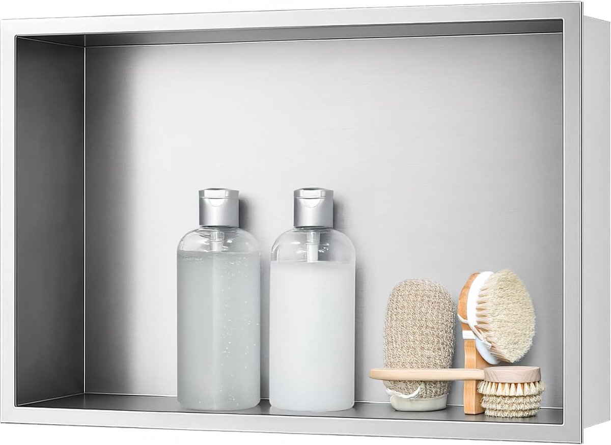 Douche Roestvrij Staal, Enkele Plank Opslag, Douchebak 30 x 45 x 10 cm, Nikkel Kleur | Wandnis van roestvrij staal, nisrek badkamerrek, niche badkamer enkele laag