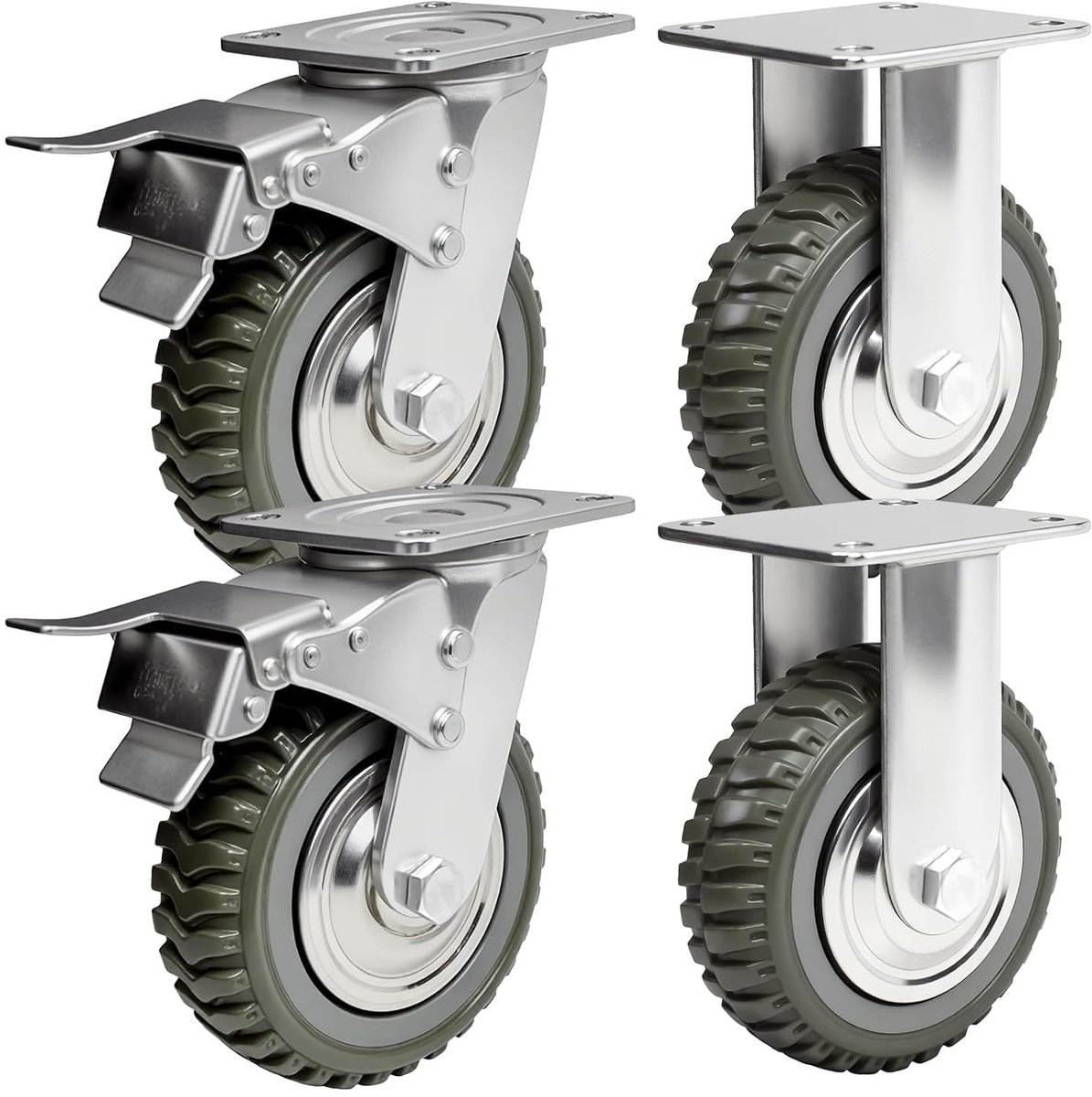 4 stuks zware wielen van 150 mm met rem, 360 graden draaibaar, transportwielen, massief rubber, draagkracht 1000 kg, 2 remwielen + 2 zwenkwielen zonder rem