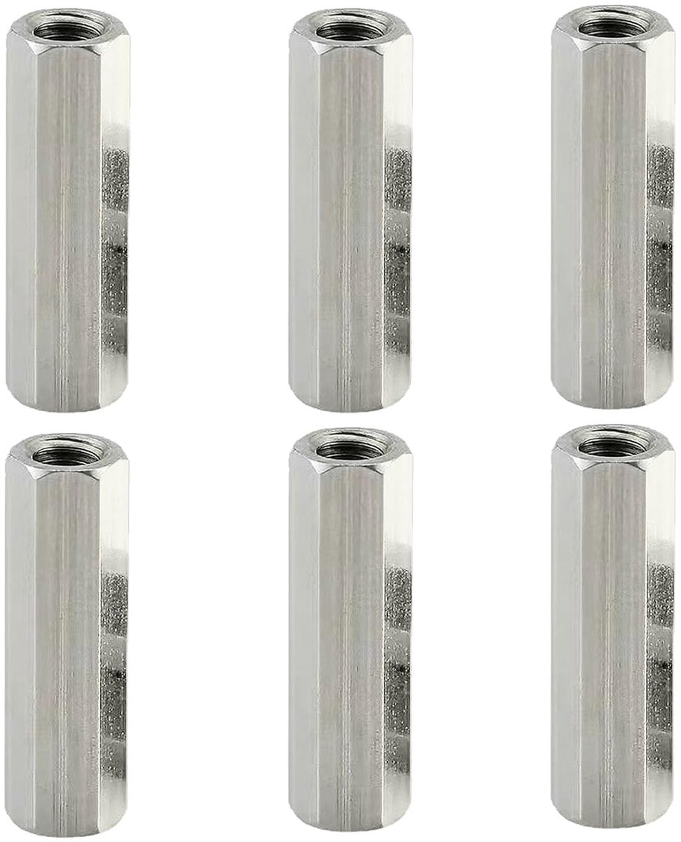 6 stuks lange moeren M6 x 20 mm, draadstangen, inschroefmoeren, schroefdraadmoffen, verzinkt staal, zeskant, verbindingsmoeren, lange zeskantmoeren, hulsmoeren, voor kantapparaten, huishoudelijke